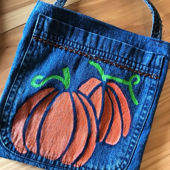 Handmade Crossbody Bag: Recycled Denim Cell Phone Holder, Autumn Painted Pumpkin - Picture 7 of 11